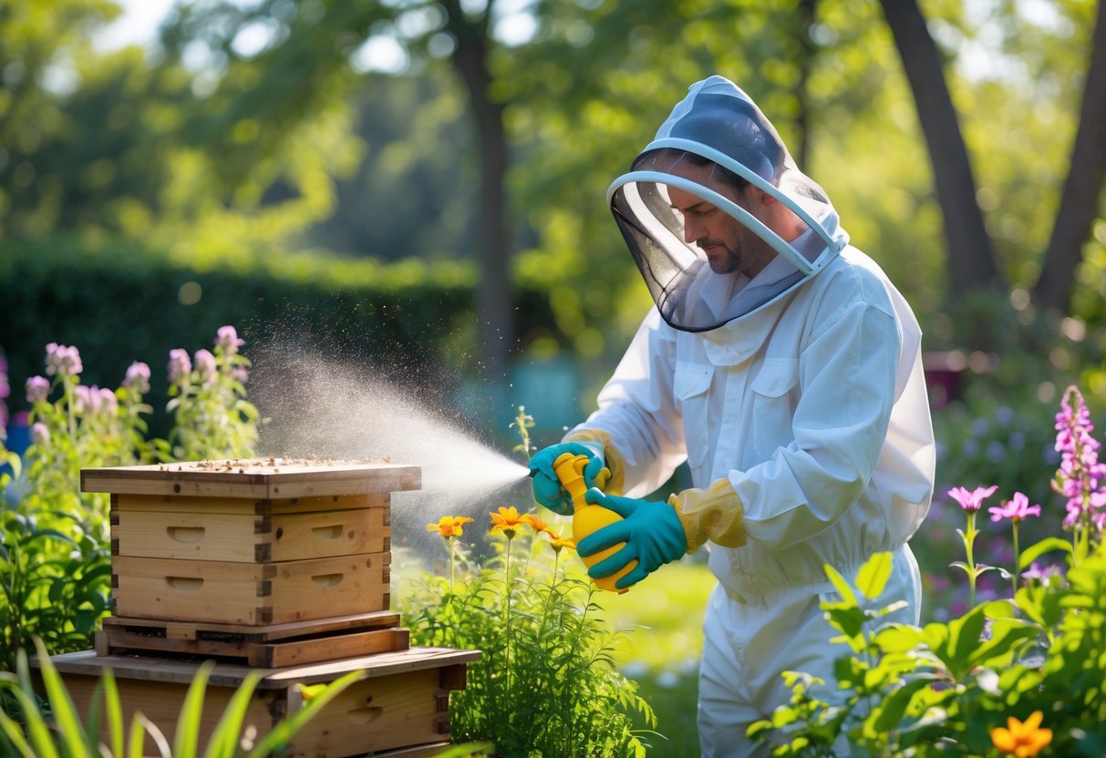 Person in protective clothing spraying natural repellent near a beehive in a garden.