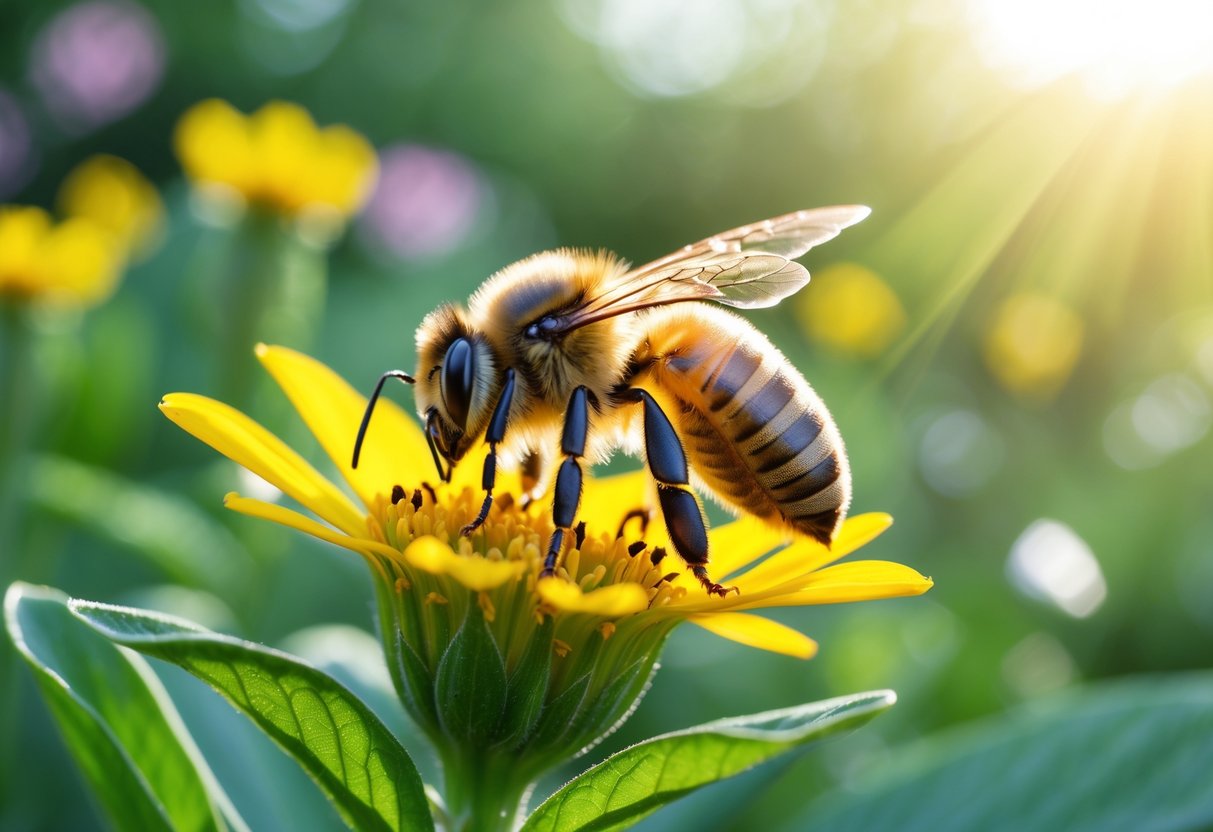 A close-up of a honeybee resting on a yellow flower petal in a garden, appearing tired with wings slightly drooping.