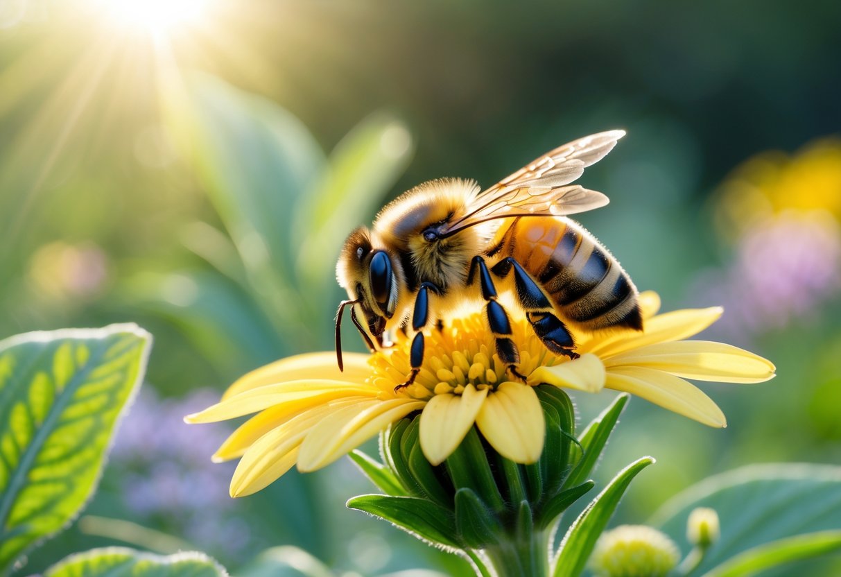 A close-up of a honeybee resting on a yellow flower in a garden.