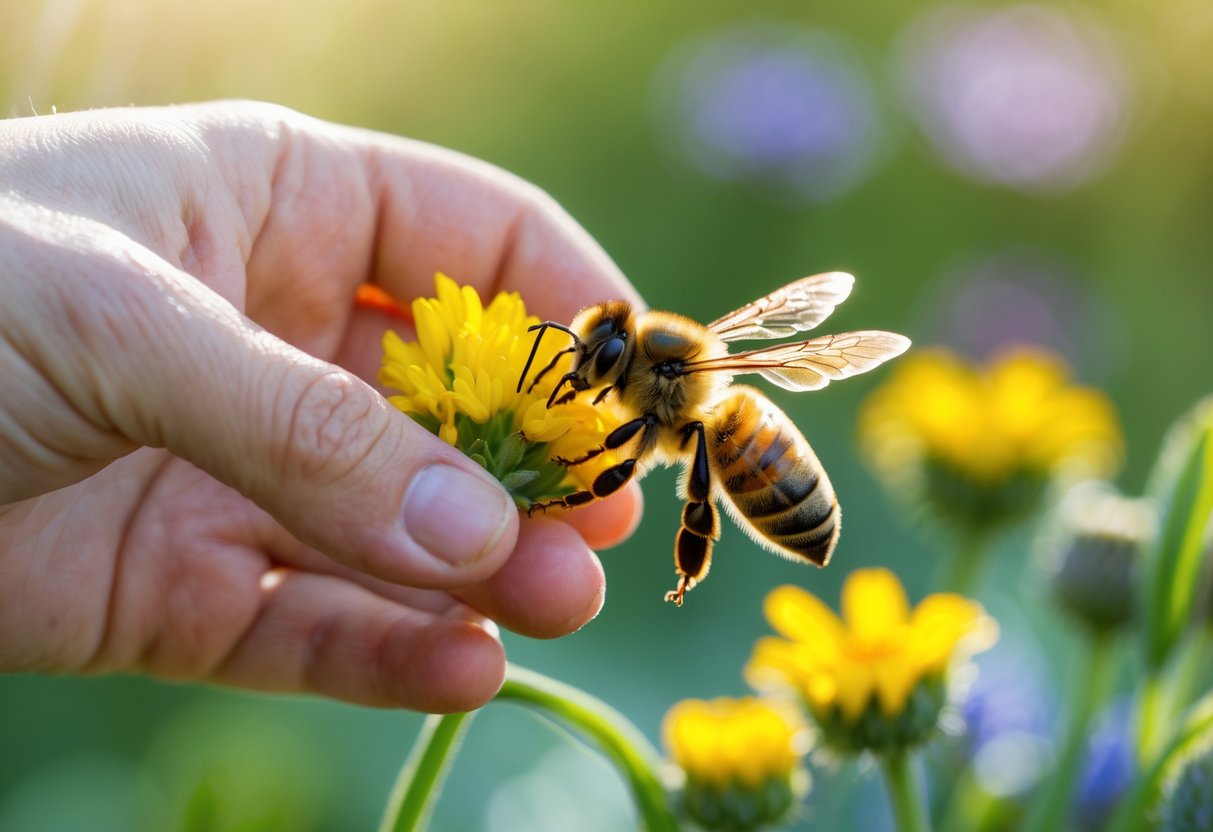 A person's hand hovering near a bee sitting on a yellow flower outdoors.