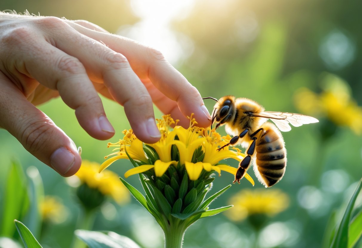 A human hand gently reaching toward a honeybee sitting on a yellow flower outdoors.
