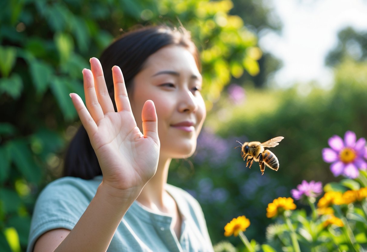 A person outdoors gently waving their hand to shoo away a bee hovering near their face in a garden.