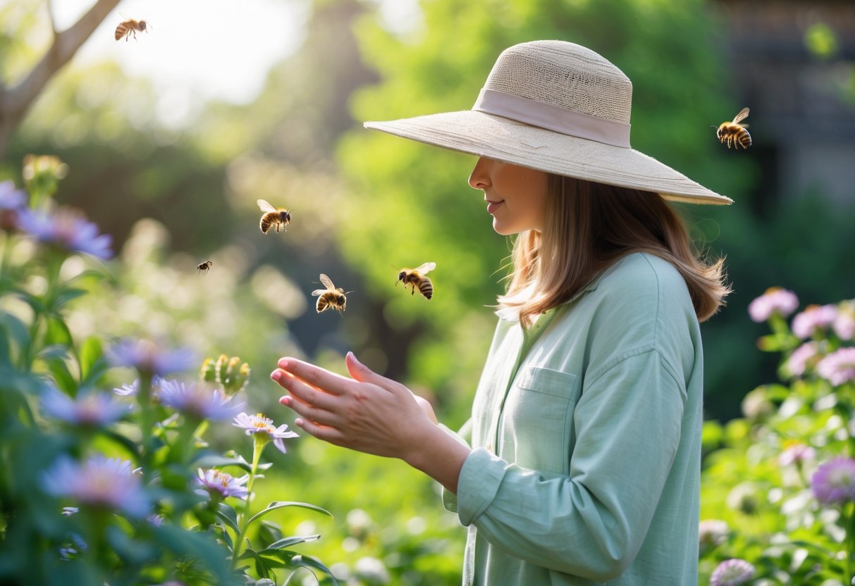 A person in a garden wearing a hat calmly moving away from a bee near blooming flowers.