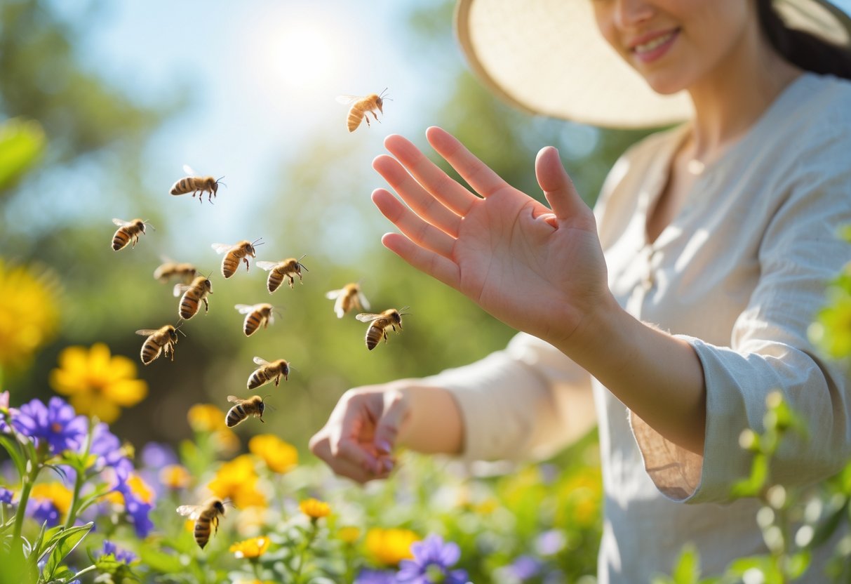 A person gently waving their hand near bees hovering around flowers in a garden.