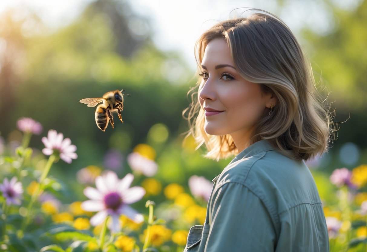 A person standing in a garden with a bee hovering near their shoulder among flowers.