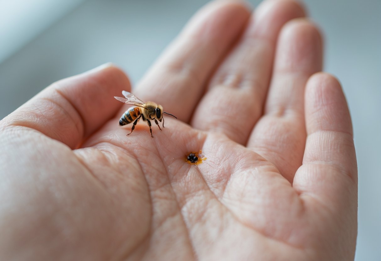 Close-up of a person's hand with a fresh bee sting showing redness and swelling.