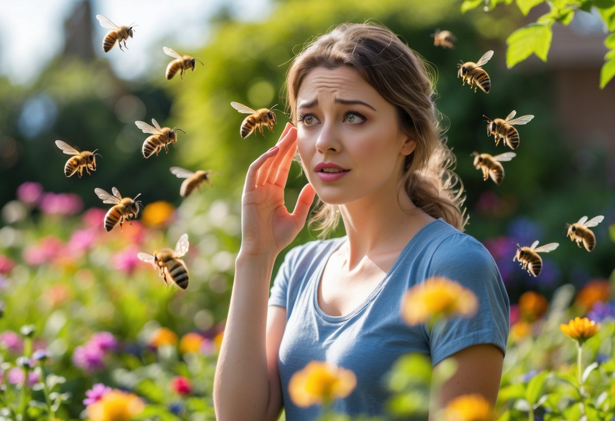 A young woman outdoors in a garden with bees flying around her.