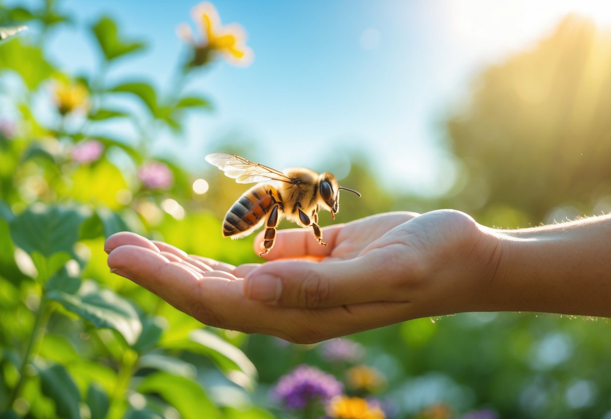 A bee hovering near a person's outstretched hand in a sunny garden with green plants and flowers in the background.