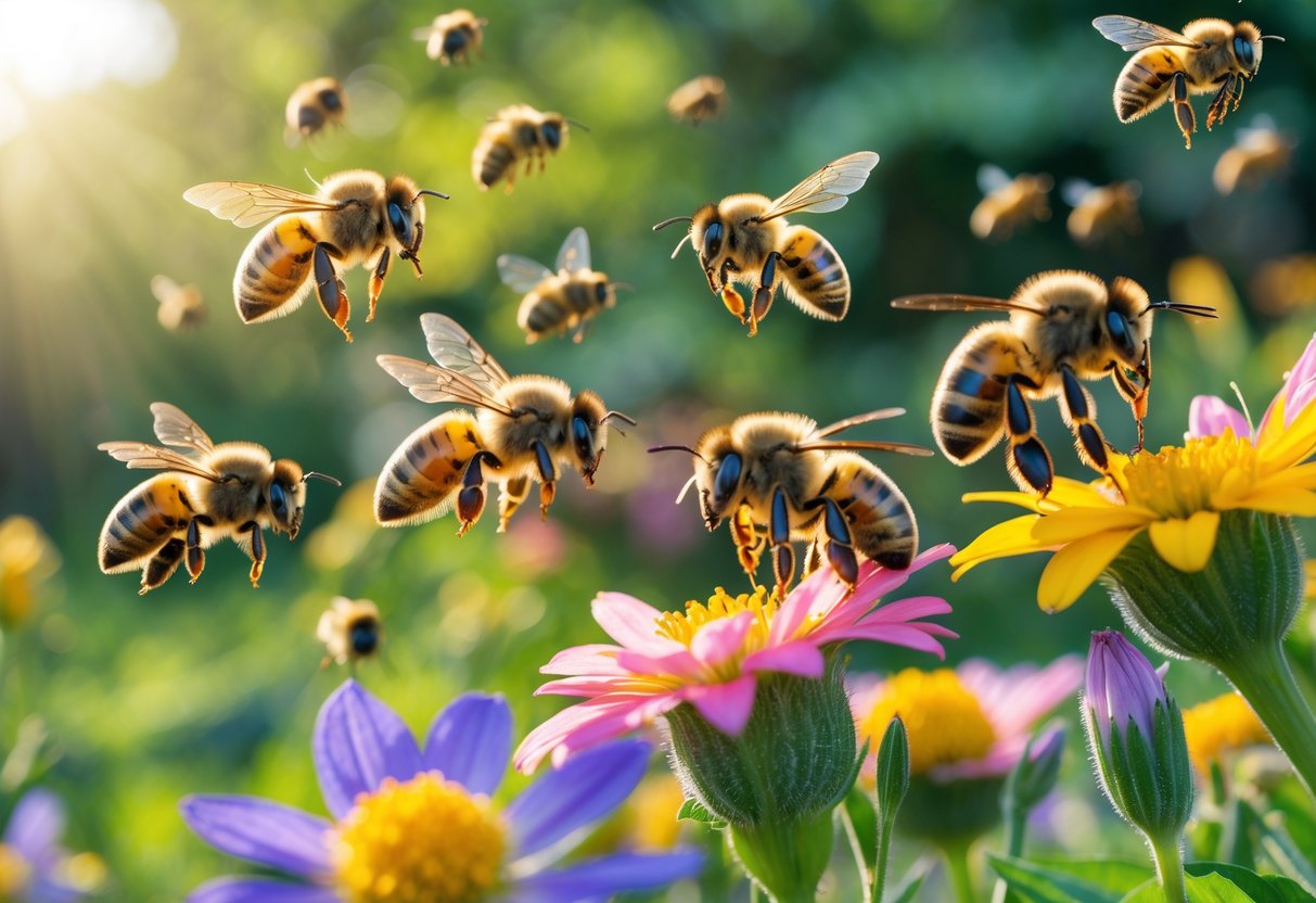 Close-up of different types of bees flying and landing on flowers in a garden with green foliage in the background.