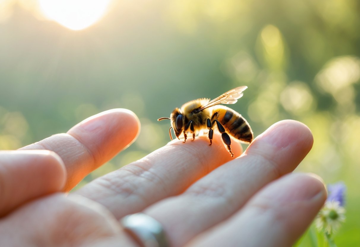 A close-up of a bee gently sitting on a person's fingertip with a blurred natural background.