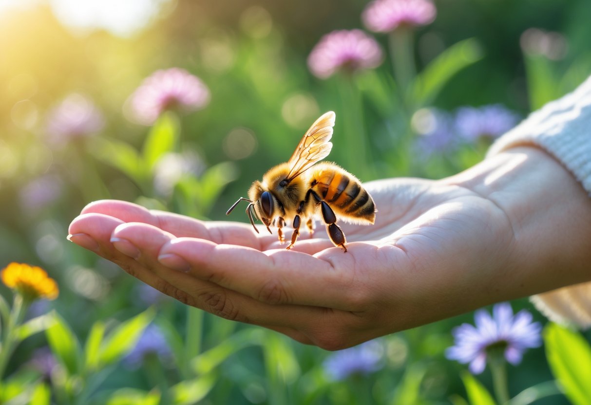 A honeybee resting gently on an outstretched human hand surrounded by green plants and flowers.