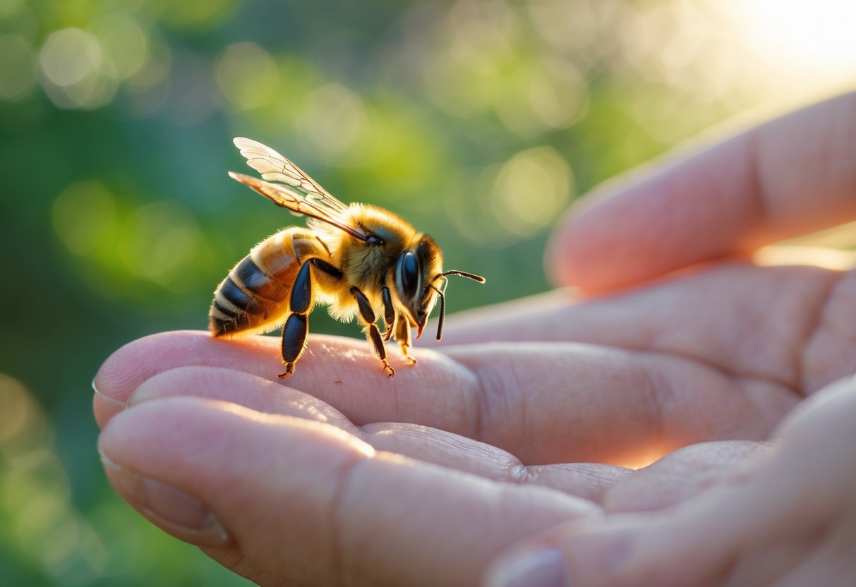 A close-up of a human hand gently touching a honeybee on the fingertip outdoors.
