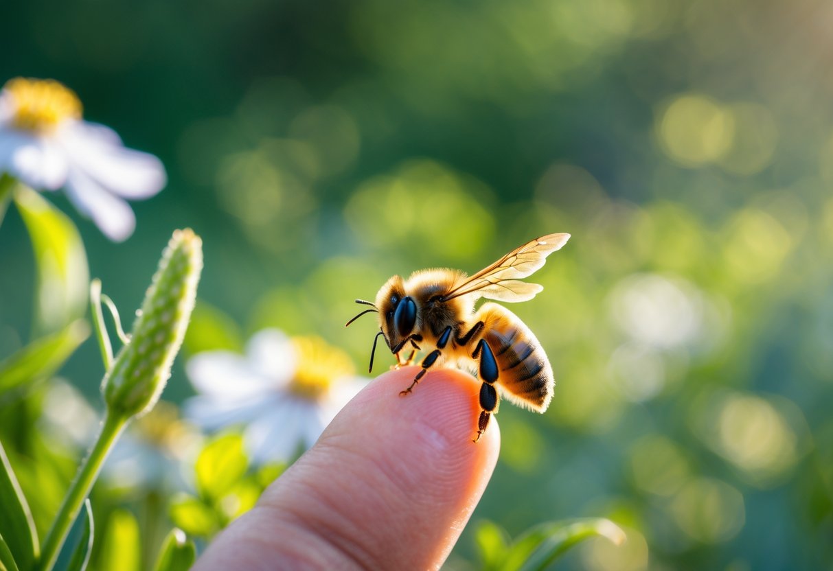 A person outdoors gently holding a bee on their finger surrounded by green plants and flowers.
