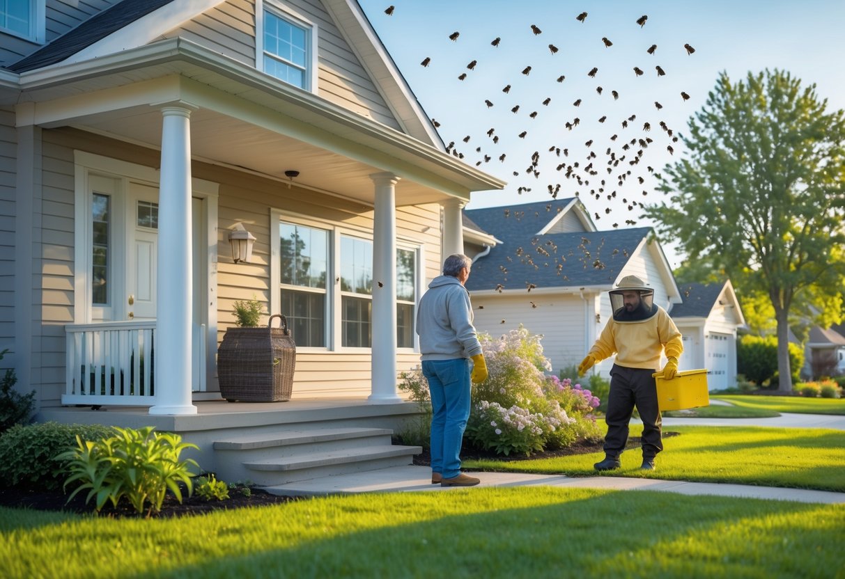 A homeowner and a beekeeper near a house with bees swarming around the porch and windows during the day.