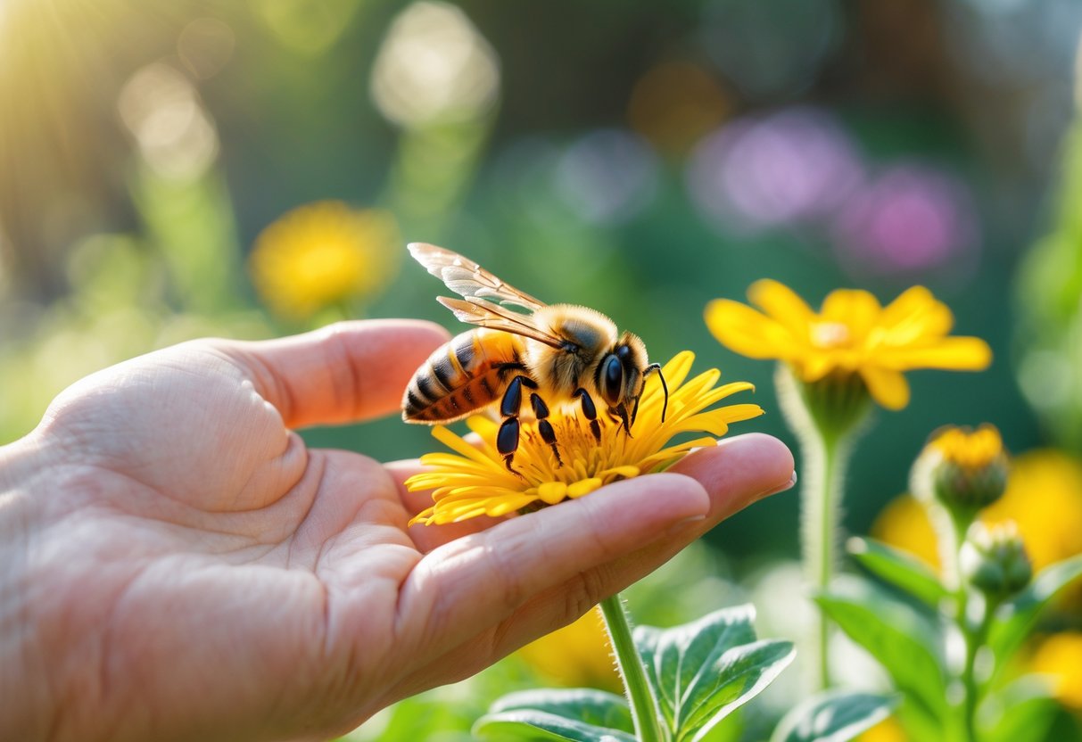 A person calmly observing a honeybee on a yellow flower in a garden.