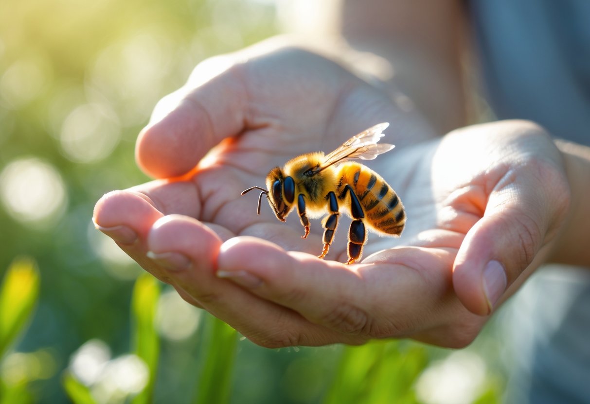 A person gently holding a honeybee in their open hand outdoors with green plants in the background.