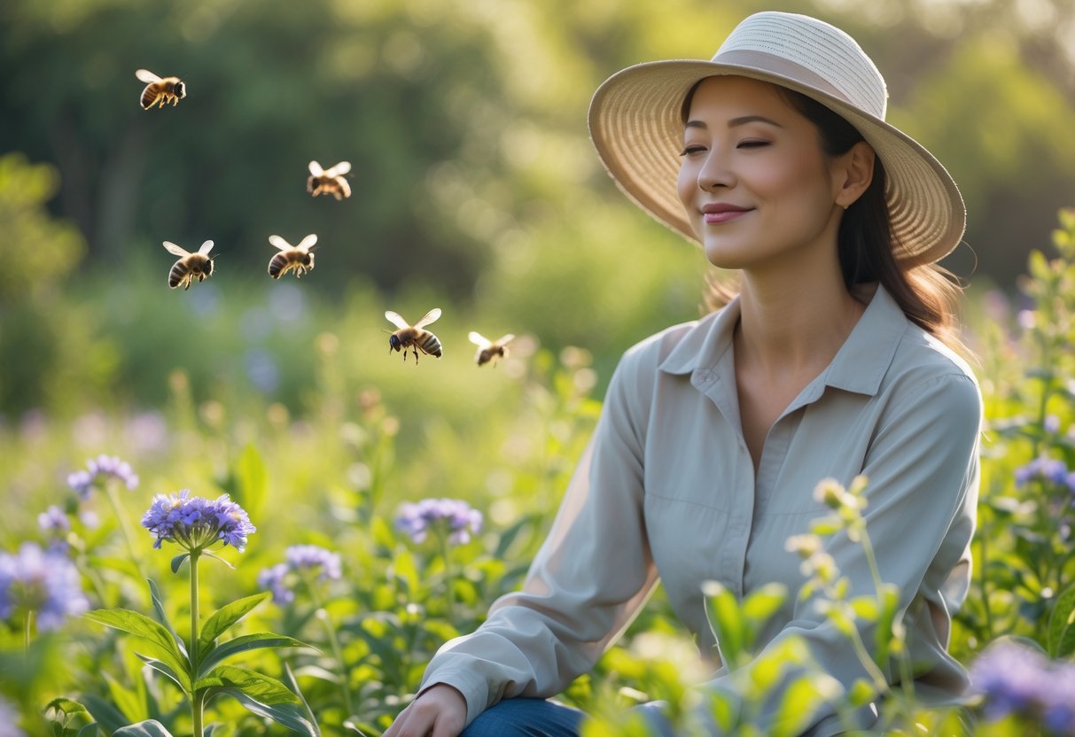 A calm person outdoors in a garden with bees flying nearby among flowers.