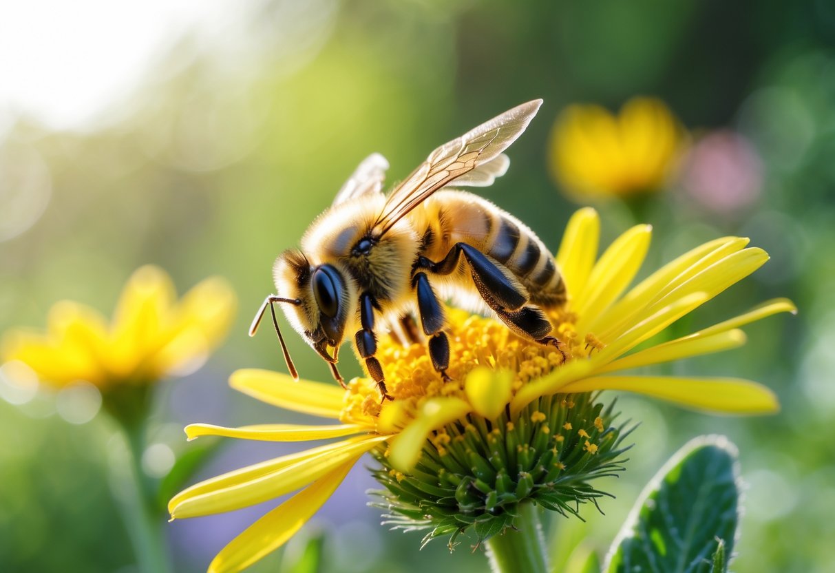 A honeybee resting on a yellow flower in a garden with green foliage in the background.