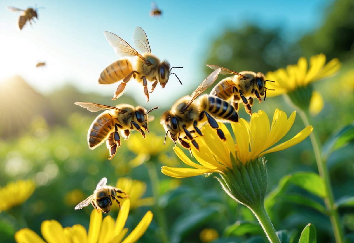 Bees flying and landing on yellow flowers in bright early morning sunlight outdoors.