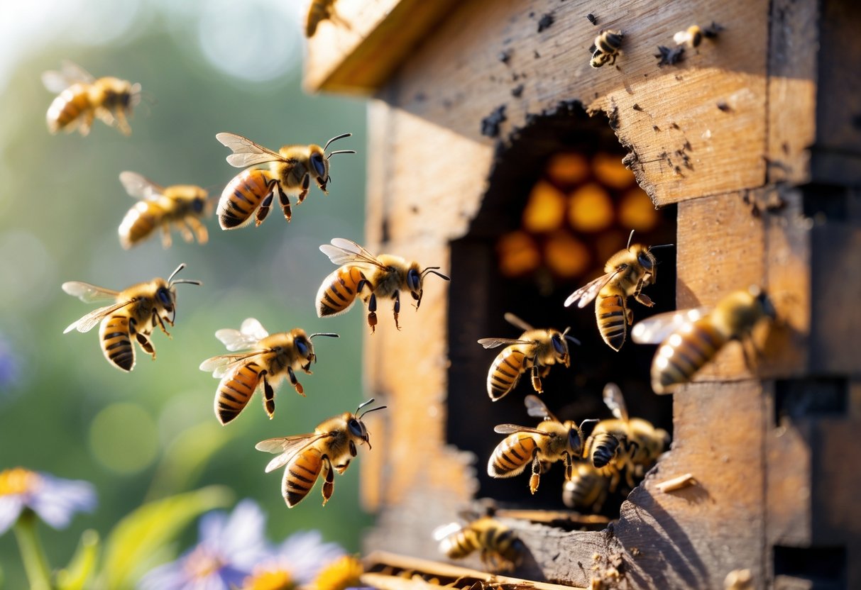 Close-up of a honeybee hive with bees flying around at different times of day showing varying levels of activity.