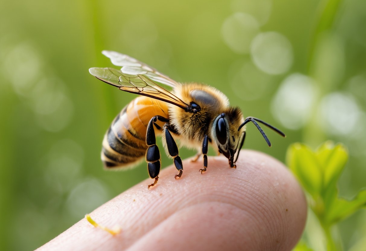 A honeybee sitting on a human finger with a small sting mark visible.