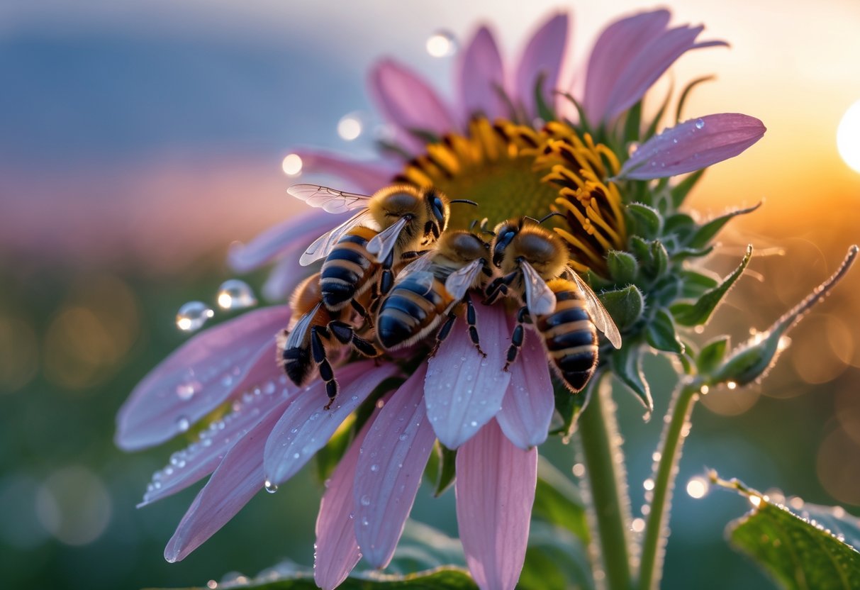 Close-up of honeybees resting inside a blooming flower at dusk with soft golden light in the background.