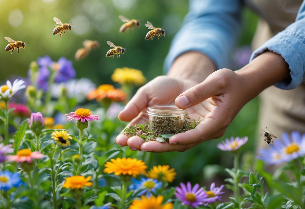 A person placing a natural bee deterrent near blooming flowers with bees flying nearby in a garden.