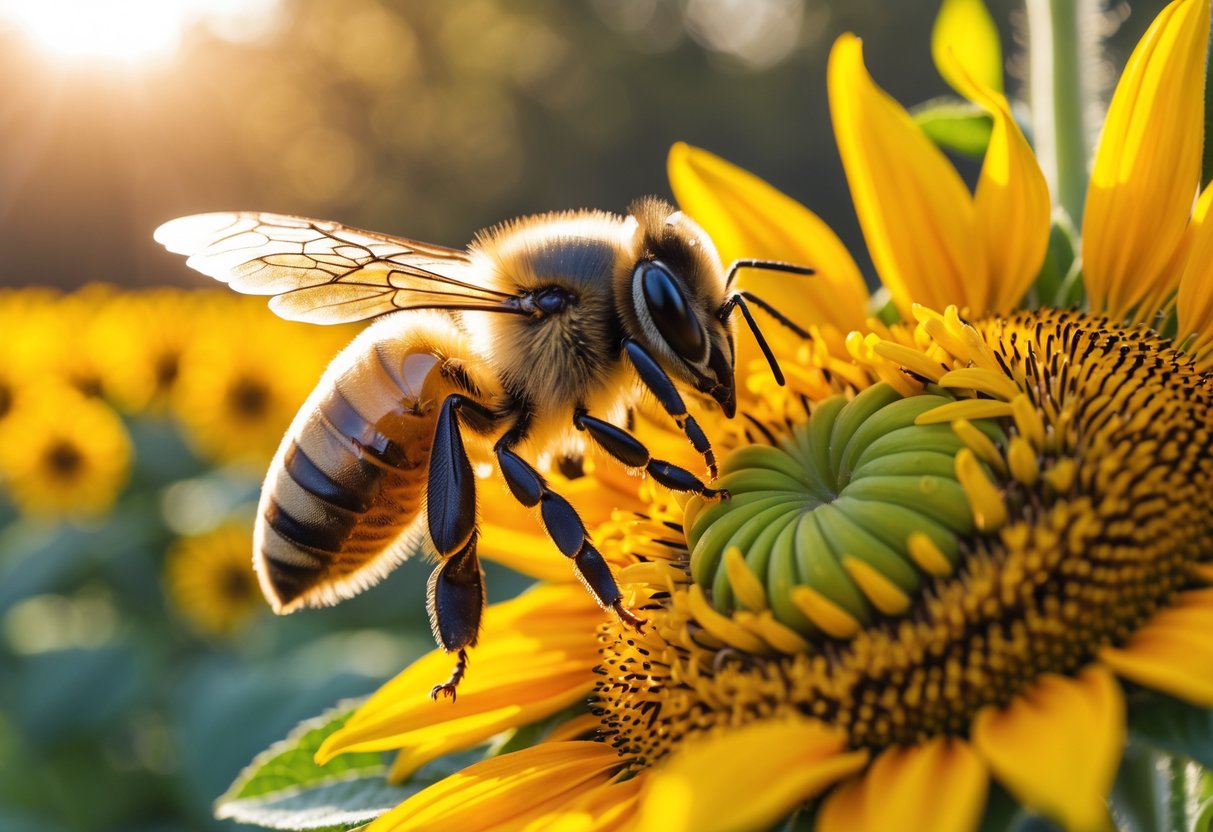 A honeybee collecting nectar from a yellow sunflower in a field of flowers.
