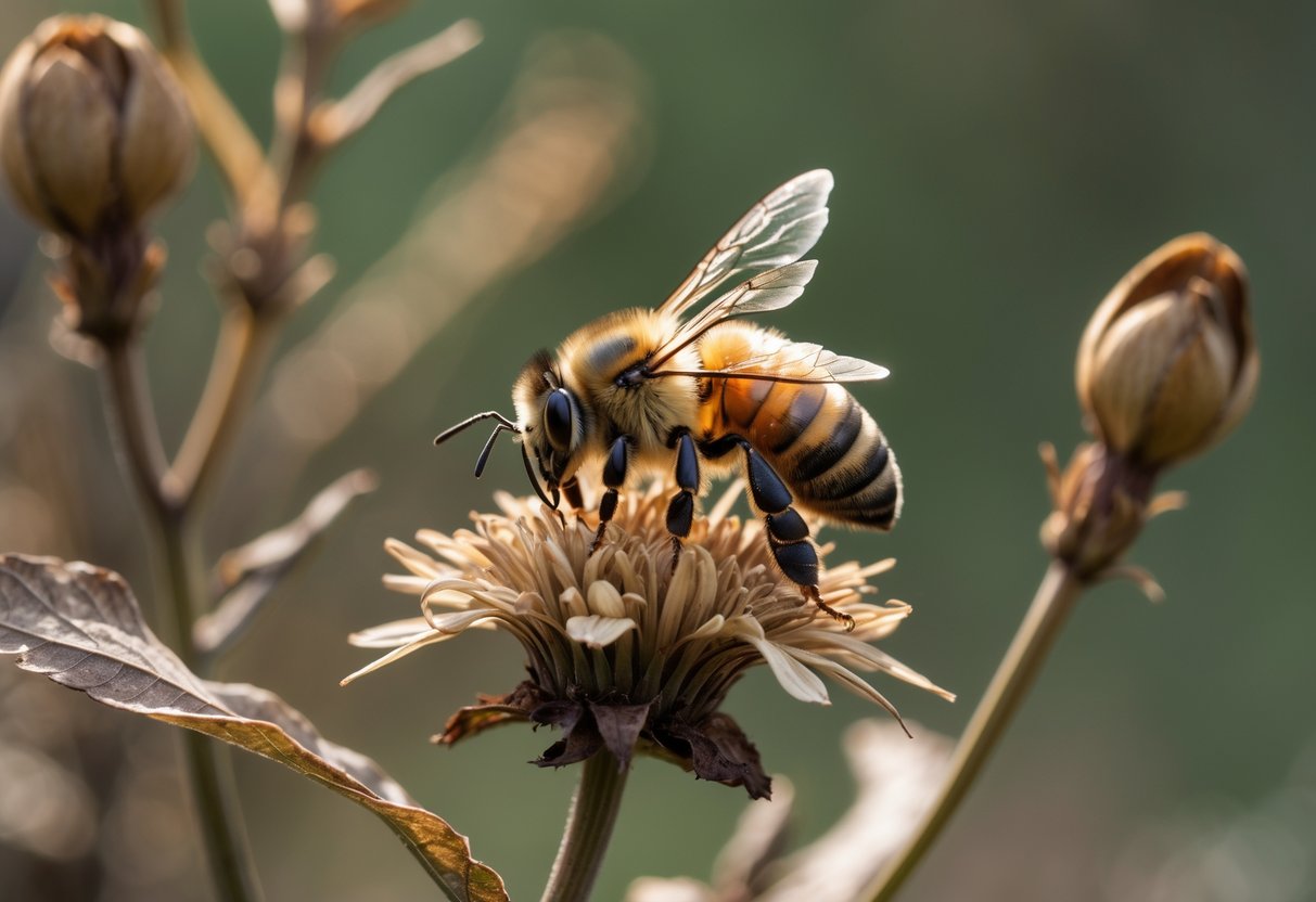 A close-up of a honeybee resting on a wilted flower surrounded by dry leaves and faded plants.