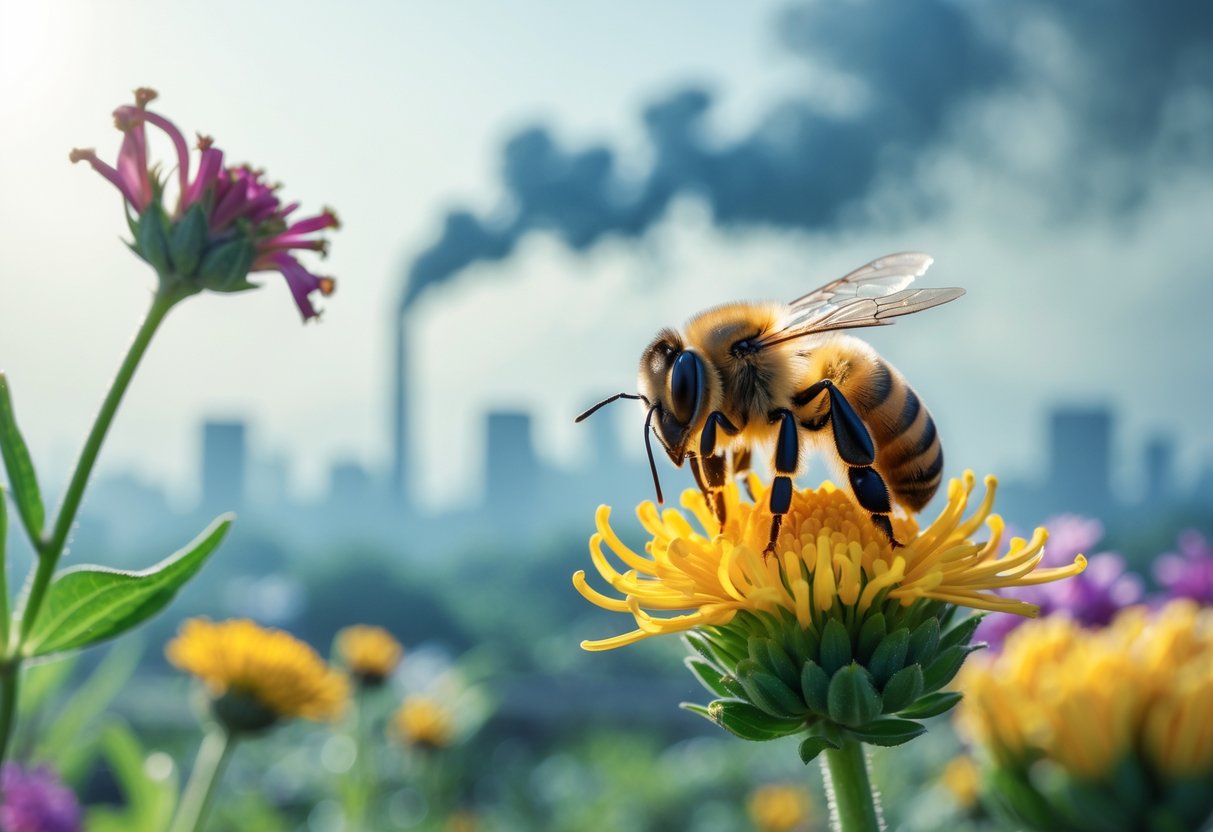 Close-up of a honeybee on a flower with wilted plants and pollution in the background symbolizing environmental threats to bees.