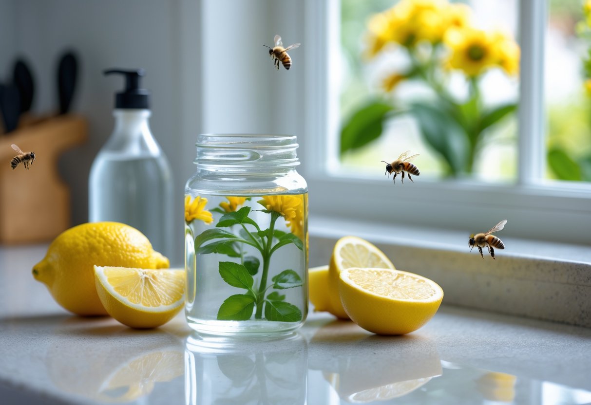 A kitchen countertop with a jar of homemade bee killer solution surrounded by lemon slices and dish soap, with bees visible outside a window.