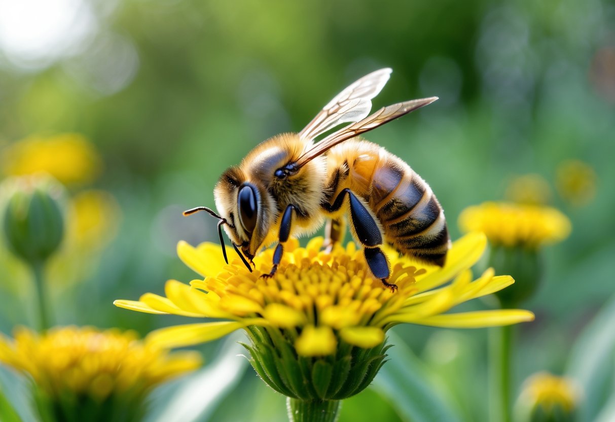 A honeybee resting on a yellow flower surrounded by green plants.