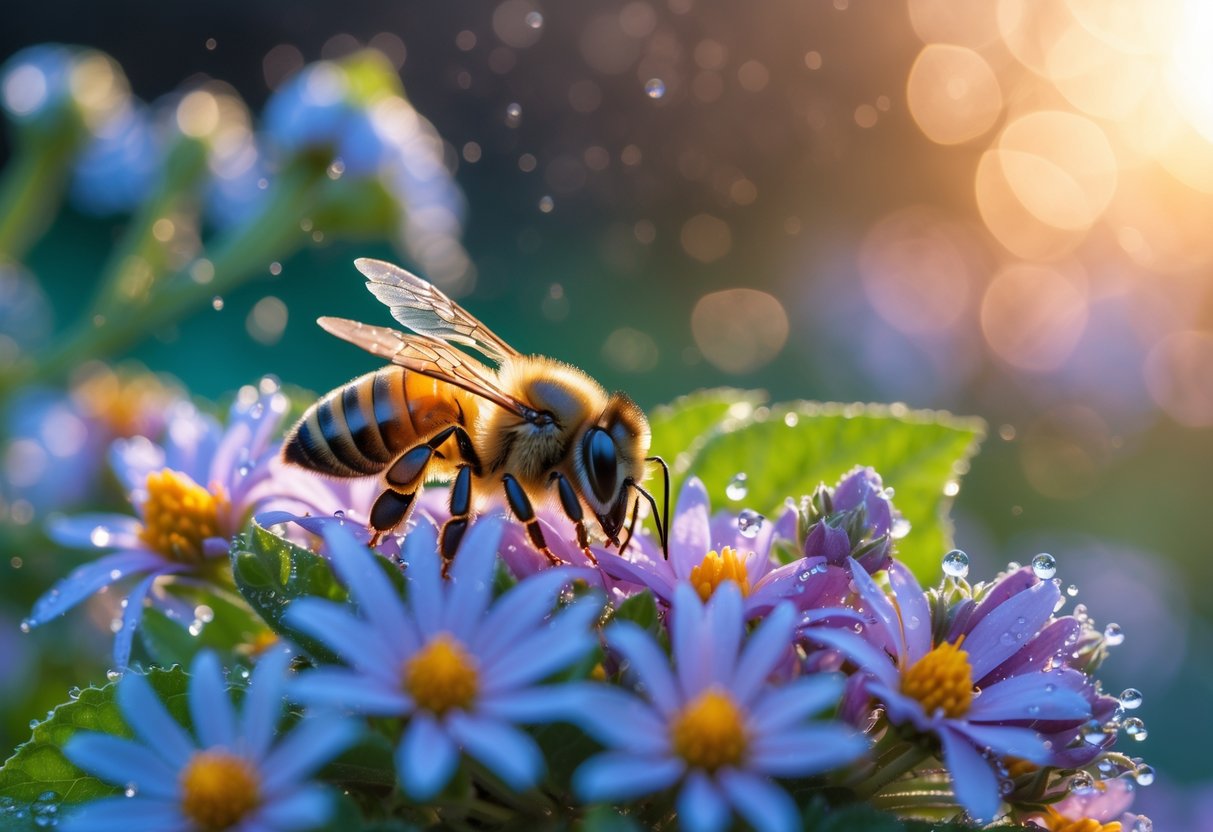 A honeybee resting on colorful flowers in a garden at dusk.