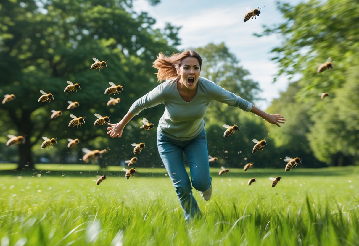 A person running outdoors with a frightened expression while being chased by a swarm of bees.