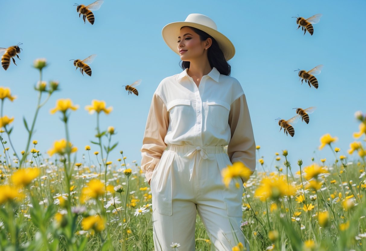 Person wearing light-colored clothing standing in a flower-filled meadow with bees flying nearby.