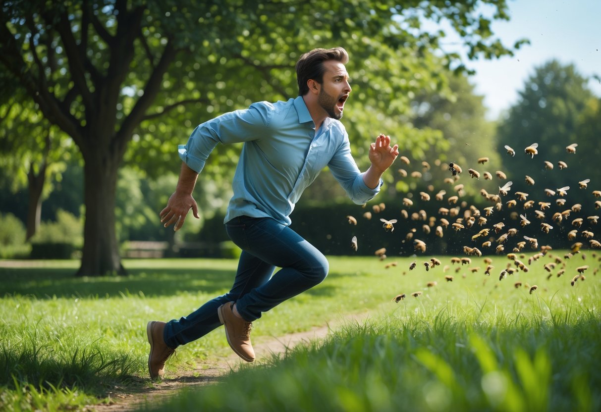 A man running outdoors with a frightened expression as bees fly closely behind him.