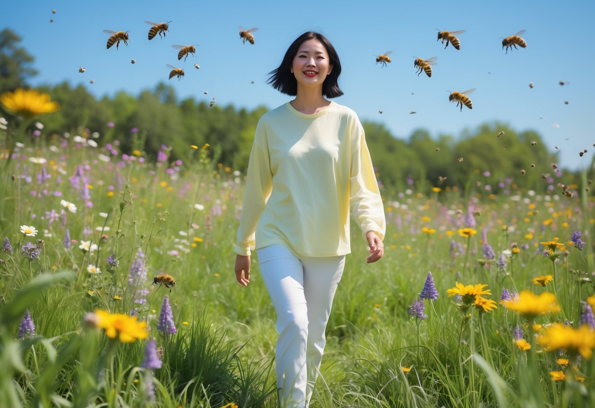 A person wearing light-colored clothes walking calmly through a flower-filled meadow with bees flying nearby but not approaching.