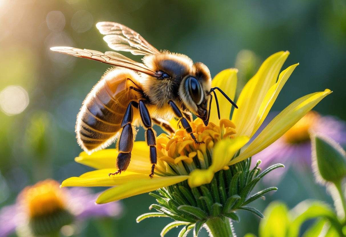 A honeybee sitting on a yellow flower with green plants in the background.