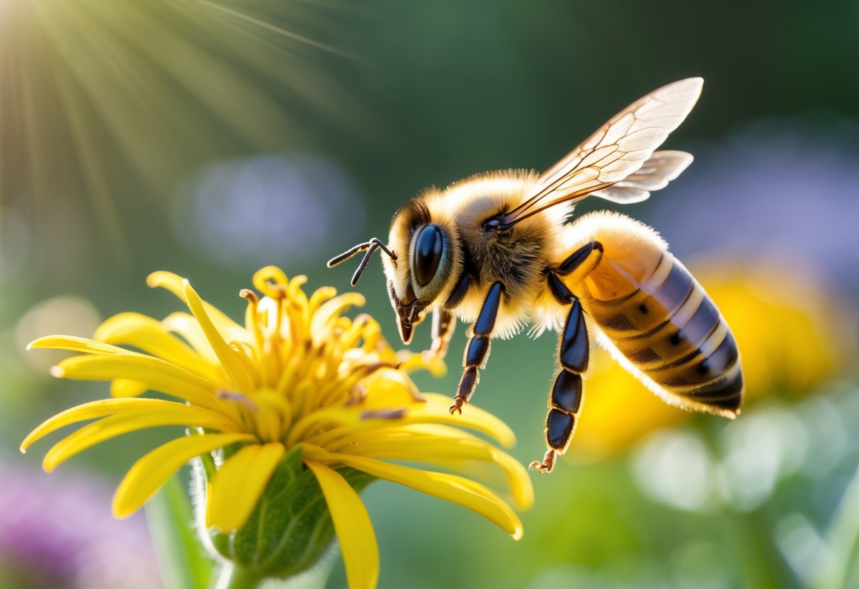 A close-up of a honeybee hovering near a yellow flower in a garden.