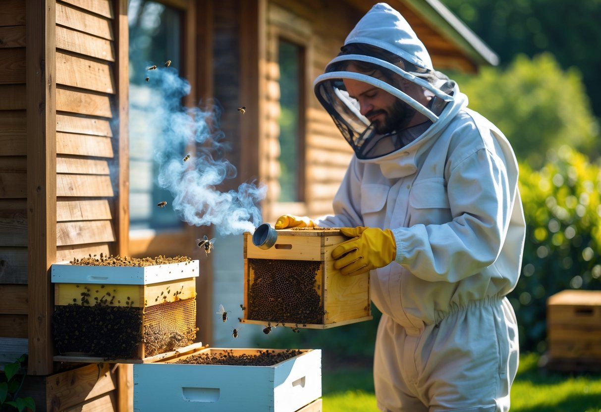 A person in protective gear removing a beehive from the side of a wooden house using a smoker tool in a garden.