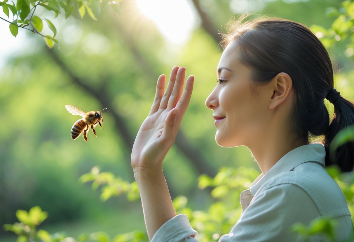A person outdoors calmly waving their hand near a bee flying close by.