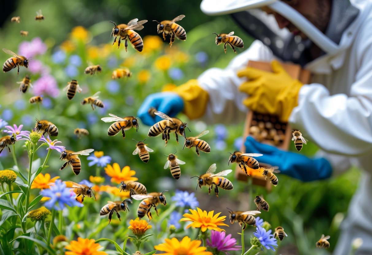 A person in protective beekeeping gear safely handling bees near flowers with different types of bees visible on the blossoms.