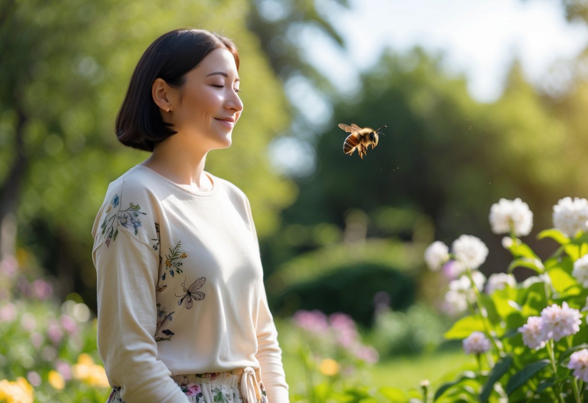 A person standing calmly outdoors with a bee flying nearby among flowers and greenery.