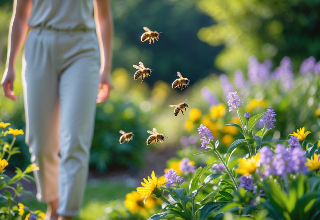 A person walking carefully near flowers with bees flying around in a sunny garden.