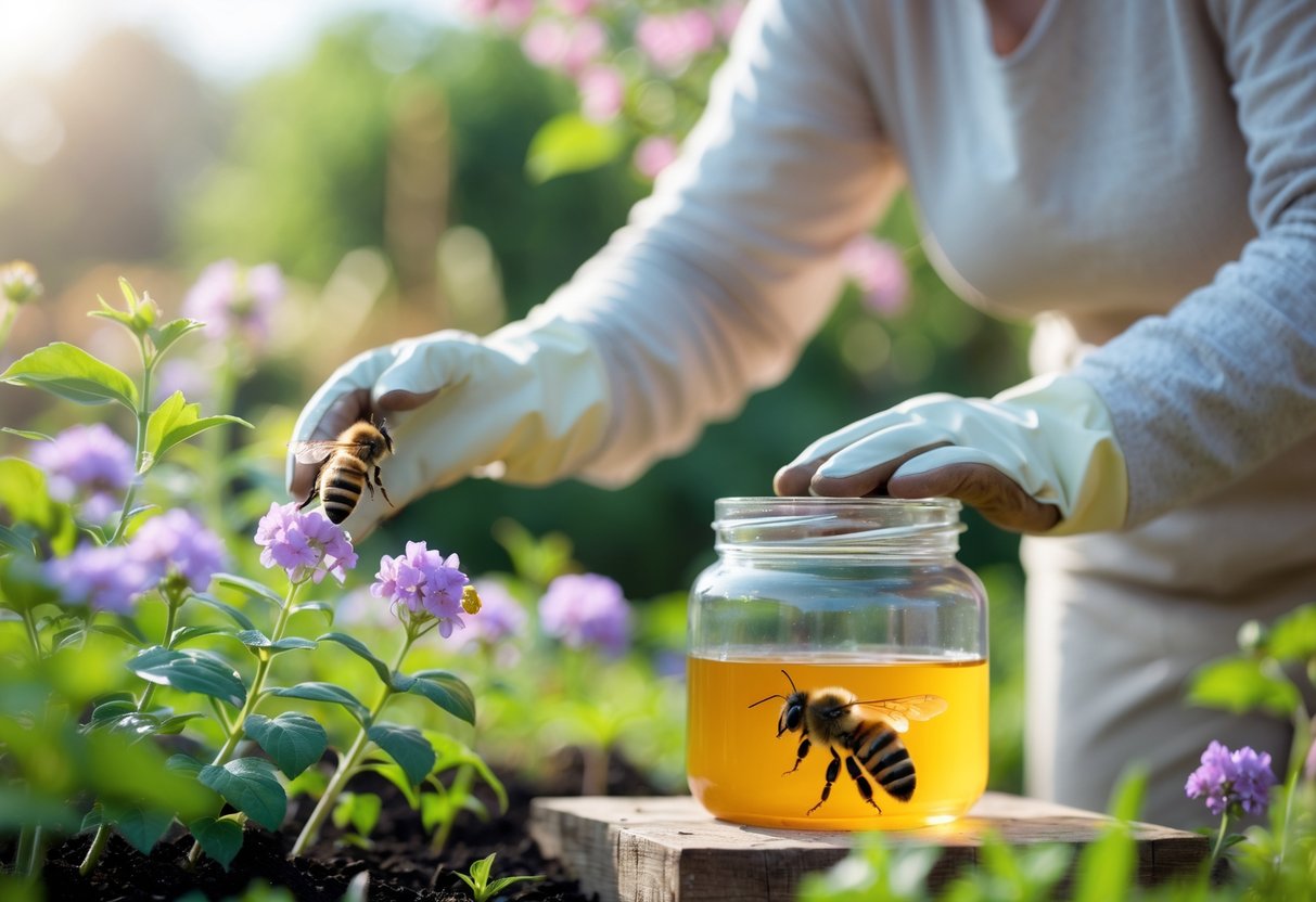 A person wearing protective clothing carefully tending to flowers outdoors with a captured bee in a jar nearby.
