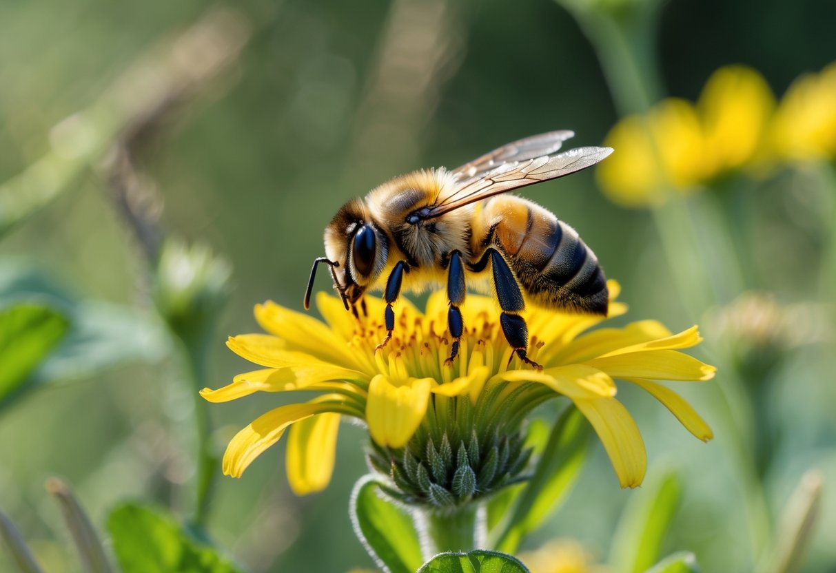 A solitary bee resting on a yellow flower in a green natural environment.
