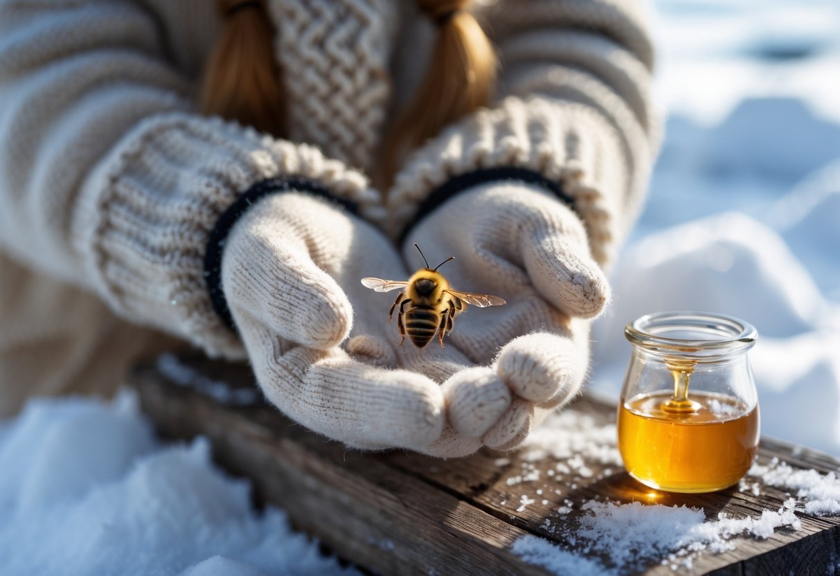 A person holding a small bee gently in their hands outdoors during winter with snow in the background.