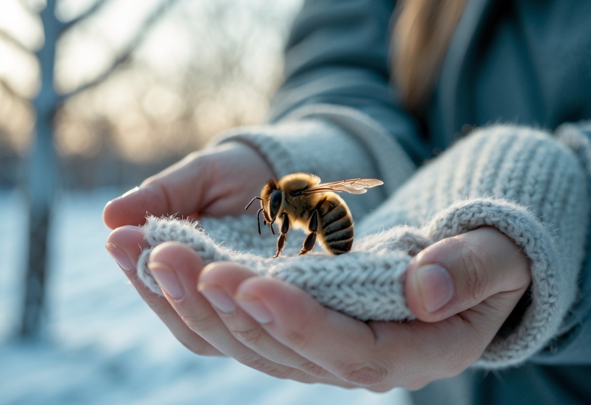 A person gently holding a small bee in their hands outdoors during winter with snow and bare trees in the background.