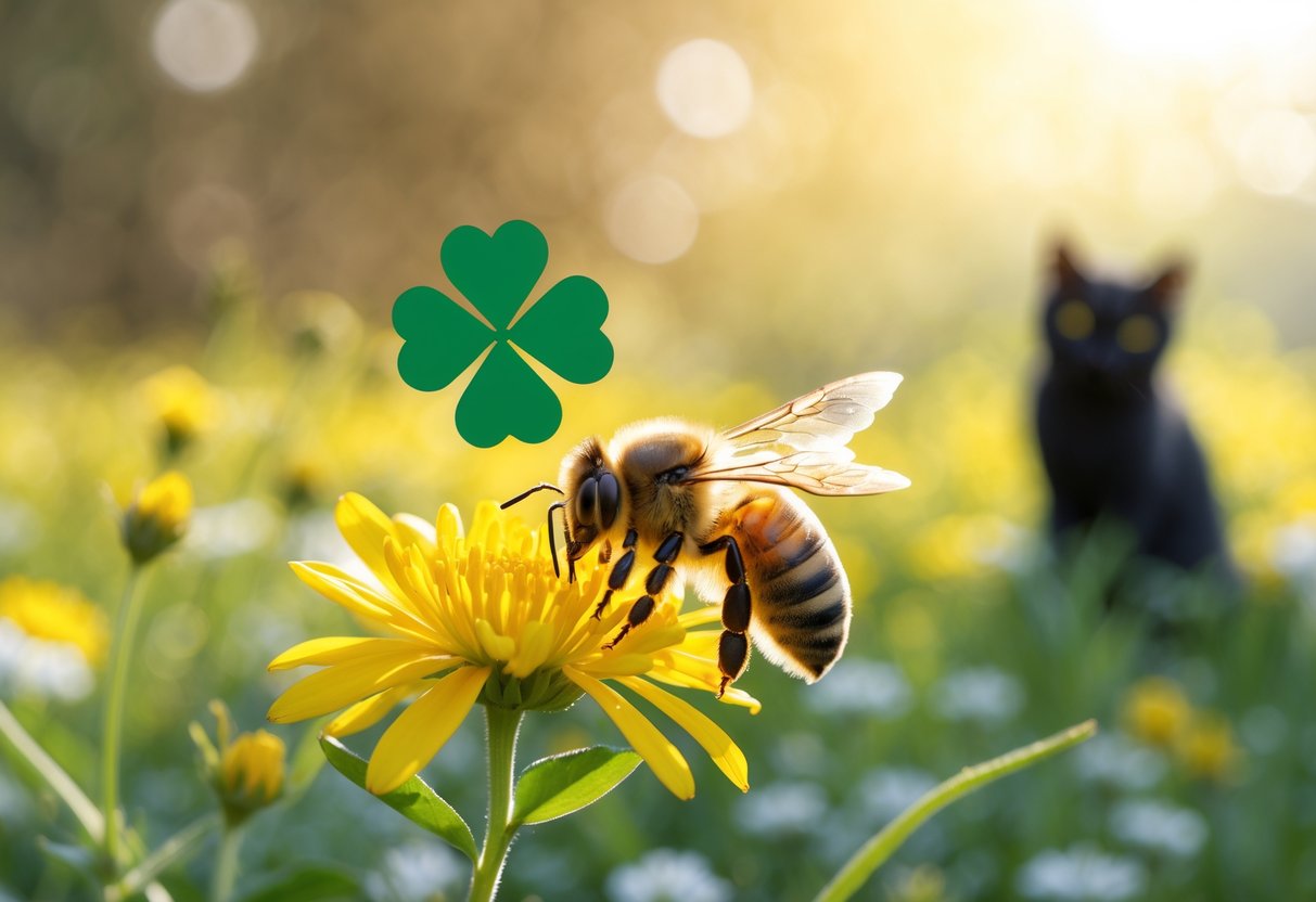 A honeybee sitting on a yellow flower in a sunlit meadow with a blurred background showing a four-leaf clover shadow and a distant black cat silhouette.