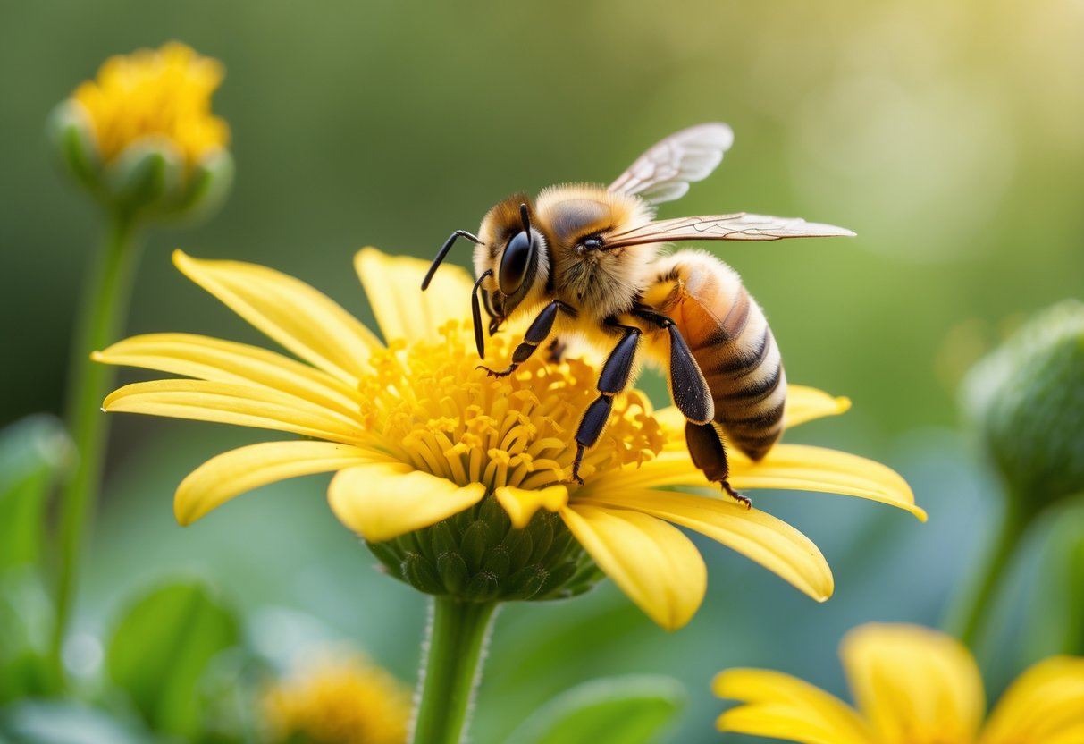 A close-up of a honeybee resting on a yellow flower petal outdoors.